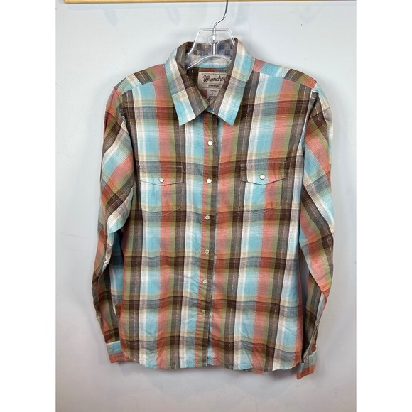 Wrangler Tops - Wrangler Western Plaid Pearl Snap Long Sleeve Shirt Women's Medium Metallic